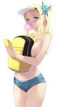  1girl backpack bag blonde_hair blue_eyes blue_nails boku_wa_tomodachi_ga_sukunai breasts bubble_blowing butterfly_hair_ornament cait_aron cellphone commentary cowboy_shot front_backpack hair_ornament highres holding holding_phone kashiwazaki_sena large_breasts long_hair looking_at_viewer micro_shorts nail_polish phone ponytail shorts sidelocks simple_background smartphone solo symbol-only_commentary topless visor_cap white_background 