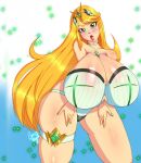  blonde_hair breasts bursting_breasts cleavage gigantic_breasts huge_breasts impossible_clothes large_breasts long_hair looking_at_viewer mythra_(xenoblade) open_mouth simple_background swimsuit thick_thighs thighs very_long_hair wide_hips xenoblade_chronicles_(series) xenoblade_chronicles_2 yellow_eyes 