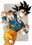  1boy black_hair blue_shirt character_request clenched_hand dragon_ball highres kakeru_(dbskakeru) looking_at_viewer orange_pants pants shirt short_hair simple_background solo spiked_hair toriyama_akira_(style) torn_clothes 