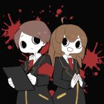  1boy 1girl black_uniform blood brown_hair colored_skin employee_(lobotomy_corporation) harvest_fes lobotomy_corporation necktie notes open_mouth pen project_moon red_necktie white_skin 