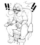  2023 absurd_res anthro balls blush bodily_fluids bottomwear bottomwear_down canid canine canis caught chair clothed clothing cum domestic_dog ejaculation embarrassed exclamation_point eyewear furniture genital_fluids genitals glasses hi_res looking_at_viewer male mammal masturbation on_chair pants pants_down partially_clothed phone poogyl sitting sitting_on_chair solo stroking stroking_penis sweat 