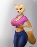  anthro big_breasts blush bottomwear breast_fondling breast_grab breast_play breasts canid canine clothed clothing curvy_figure denim denim_clothing digital_media_(artwork) female female_focus fluffy fluffy_tail fondling fox fur hand_on_breast hi_res huge_breasts jeans mammal pants pink_clothing pink_shirt pink_topwear shirt simple_background smile solo solo_focus tail thick_thighs topwear waternull 