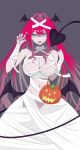  1girl bandages baobhan_sith_(fate) bare_shoulders breasts claw_pose cleavage demon_girl demon_tail fangs fate/grand_order fate_(series) grey_background grey_eyes halloween hand_up head_wings highres iii_(pixiv27971399) jack-o&#039;-lantern looking_at_viewer low_wings mummy_costume nail_polish navel open_mouth pink_hair pointy_ears pumpkin red_nails solo tail wings 