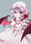  1girl adapted_costume bat_wings breasts closed_mouth cowboy_shot crossed_arms dress grey_background hand_on_own_chin hat highres looking_at_viewer medium_hair miyangoroge mob_cap pink_dress pink_headwear pointy_ears purple_hair red_eyes remilia_scarlet simple_background small_breasts solo touhou wings wrist_cuffs 