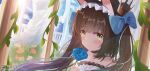  1girl absurdres animal_ear_fluff animal_ears artist_name azur_lane bare_shoulders blue_bow blue_flower blue_hairband blue_ribbon blue_rose blunt_bangs blush bow brown_hair chinese_commentary closed_mouth commentary_request crown date_shichuan_majiang dated dated_commentary dress flower fox_ears fox_girl frilled_dress frilled_hairband frills hair_bow hairband highres holding holding_flower long_hair mini_crown nagato_(azur_lane) nagato_(guardian_fox&#039;s_procession)_(azur_lane) official_alternate_costume ribbon rose sleeveless sleeveless_dress smile solo twintails upper_body white_dress yellow_eyes 