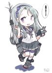  1girl adapted_turret asymmetrical_bangs bow cannon commentary_request fuji_(pixiv24804665) grey_hair grey_sailor_collar grey_skirt hairband highres kantai_collection long_hair machinery pleated_skirt purple_bow purple_eyes purple_hairband sagiri_(kancolle) sailor_collar school_uniform serafuku shirt short_sleeves simple_background skirt solo standing standing_on_one_leg swept_bangs torpedo_launcher translation_request turret white_background white_shirt 