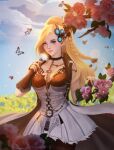  1girl blonde_hair blurry blurry_background blurry_foreground braid breasts bug butterfly chaosringen day earrings elezen elf final_fantasy final_fantasy_xiv fingerless_gloves flower gloves hair_ornament highres jacket jewelry lips long_hair looking_at_viewer medium_breasts mole mole_under_eye open_clothes open_jacket outdoors pointy_ears second-party_source sleeveless solo warrior_of_light_(ff14) yellow_eyes 