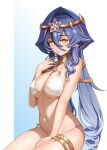  1girl bikini blue_hair breasts closed_mouth genshin_impact hair_between_eyes hand_up highres hun_shui jewelry layla_(genshin_impact) long_bangs long_hair medium_breasts navel neck_ring pointy_ears sidelocks sitting stomach swimsuit thighlet thighs veil very_long_hair white_bikini yellow_eyes 