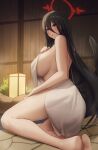  1girl absurdres black_hair black_wings blue_archive breasts gileu hasumi_(blue_archive) highres huge_breasts mole mole_under_eye naked_towel red_eyes solo towel wings 