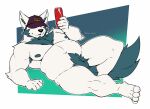  2023 anthro belly beverage beverage_can big_belly can canid canine canis chest_tuft chubby_anthro chubby_male claws clothing container crotch_tuft ears_up hat hat_only headgear headgear_only headwear headwear_only hi_res holding_beverage holding_can holding_container holding_object inner_ear_fluff lying male mammal mostly_nude navel nipples nude on_side overweight overweight_anthro overweight_male rook_kawa signature slightly_chubby solo toe_claws tuft vincent_(marcushunter) wolf 