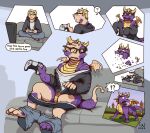  activision blonde_hair bottomwear claws clothing controller dragon english_text eyewear feral furniture game_controller gaming glasses hair hi_res hoodie horn human looking_at_self male mammal mid_transformation pants playing_videogame purple_body purple_scales question_mark scales shrinking size_transformation sofa solo species_transformation speech_bubble spyro_reignited_trilogy spyro_the_dragon tail taitora text topwear transformation transformation_sequence underwear wings yellow_horn yellow_wings 