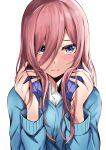  1girl absurdres blue_cardigan blue_eyes blush brown_hair cardigan closed_mouth collared_shirt go-toubun_no_hanayome hair_between_eyes hands_on_headphones headphones headphones_around_neck highres hoshinori19 long_bangs long_hair long_sleeves looking_at_viewer nakano_miku school_uniform shirt solo upper_body white_background white_shirt 