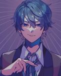  1boy akutoku_no_judgement_(vocaloid) black_jacket blue_eyes blue_hair blue_nails evillious_nendaiki fujikawa_ua green_ribbon hair_between_eyes hand_up highres jacket kaito_(vocaloid) looking_at_viewer male_focus neck_ribbon parted_lips purple_background ribbon shirt short_hair smirk solo sunburst upper_body v-shaped_eyebrows vocaloid white_shirt wing_collar 