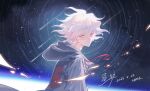  1boy closed_mouth danganronpa_(series) danganronpa_2:_goodbye_despair dated from_side green_jacket hair_between_eyes highres hood hood_down hooded_jacket jacket komaeda_nagito looking_at_viewer male_focus messy_hair smile solo space translation_request upper_body white_hair xiwang_xintu 