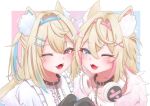  2girls :d aki_sakura animal_ear_fluff animal_ears belt_collar black_jacket blonde_hair blue_eyes blue_hair blush border chain collar dog_ears dog_girl fangs fur-trimmed_jacket fur_trim fuwawa_abyssgard hair_ornament hairpin headphones headphones_around_neck hololive hololive_english jacket long_hair looking_at_viewer medium_hair mococo_abyssgard multicolored_hair multiple_girls one_eye_closed open_mouth pink_eyes pink_hair shirt siblings sisters smile streaked_hair twins virtual_youtuber white_border white_shirt x_hair_ornament 