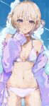  1girl absurdres bikini blonde_hair blue_hair blue_sky blush breasts choker cloud highres hololive hololive_dev_is jacket looking_at_viewer multicolored_hair navel open_mouth purple_eyes short_hair sky small_breasts streaked_hair swimsuit todoroki_hajime two_side_up virgo76612871 virtual_youtuber white_bikini white_choker white_jacket 