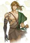  1boy amber_(orangeamber12) archaic_set_(zelda) blue_eyes brown_hair closed_mouth collarbone commentary english_commentary floating floating_hair green_tunic link looking_at_viewer male_focus medium_hair muscular muscular_male signature single_bare_shoulder solo the_legend_of_zelda the_legend_of_zelda:_tears_of_the_kingdom toga tunic twitter_username 