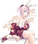  2023 absurdres alternate_costume animal_ears blue_eyes breasts fake_animal_ears feet_out_of_frame hand_on_own_face happy_new_year highres japanese_clothes kantai_collection kimono leotard leotard_under_clothes pink_hair playboy_bunny ponytail purple_kimono rabbit_ears shiranui_(kancolle) short_hair small_breasts solo strapless strapless_leotard u_yuz_xx white_leotard 