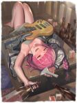  1girl @_@ absurdres alcohol alphonse_(white_datura) armpits barefoot bass_guitar black_bow black_nails blush bocchi_the_rock! bottle bow braid dress drunk green_dress hair_bow highres hiroi_kikuri holding indoors instrument jacket long_hair lying on_back open_mouth purple_eyes purple_hair sake sake_bottle sharp_teeth single_braid smile solo teeth 