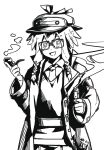  1girl arknights artist_name coat dated deerstalker greyscale gun handgun hat highres holding holding_gun holding_smoking_pipe holding_weapon looking_at_viewer may_(arknights) monochrome necktie open_mouth pov rectangular_eyewear rryy short_hair_with_long_locks smoke smoking_gun smoking_pipe solo weapon 