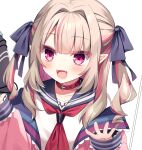  1girl blonde_hair blue_sailor_collar blush choker fangs jacket makaino_ririmu makaino_ririmu_(4th_costume) multicolored_hair nijisanji official_alternate_costume open_mouth pink_eyes pink_hair pink_jacket pointy_ears red_choker sailor_collar school_uniform serafuku smile solo streaked_hair virtual_youtuber ytuorvi 