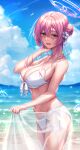  1girl absurdres beach bikini blue_archive blue_eyes blurry blurry_background blush braid braided_bun breasts cleavage collarbone front-tie_bikini_top front-tie_top hair_bun halo highres holding_sarong kimchi_(user_mpzz8457) large_breasts looking_at_viewer looking_to_the_side mimori_(blue_archive) mimori_(swimsuit)_(blue_archive) navel official_alternate_costume outdoors pink_hair sarong see-through_sarong single_side_bun smile solo splashing stomach swimsuit white_bikini 