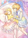  1boy 1girl blonde_hair blue_bow blue_dress blue_eyes bow closed_eyes dress hair_bow head_rest highres kagamine_len kagamine_rin looking_at_another lying on_side pillow pink_bow pink_dress sazanami_(ripple1996) short_hair short_ponytail star_(symbol) stuffed_star stuffed_toy vocaloid 
