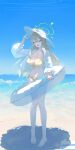 1girl ;d absurdres bare_legs barefoot bikini blue_archive blue_sky blush breasts cleavage front-tie_bikini_top front-tie_top full_body halo hat highres innertube jacket kji_(rozo) large_breasts light_brown_hair long_hair looking_at_viewer navel nonomi_(blue_archive) nonomi_(swimsuit)_(blue_archive) official_alternate_costume one_eye_closed outdoors see-through_silhouette side-tie_bikini_bottom sky smile solo standing stomach sun_hat swimsuit toes very_long_hair white_jacket yellow_bikini 