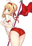  1girl ahoge ass blonde_hair bori2537 braid breasts buruma doughnut fate/grand_order fate_(series) flag food green_eyes gym_shirt gym_uniform hair_bun hair_intakes headband highres holding holding_flag light_smile looking_at_viewer medium_breasts mouth_hold nero_claudius_(fate) nero_claudius_(olympian_bloomers)_(fate) red_buruma red_headband shirt simple_background single_hair_bun solo white_background white_shirt 