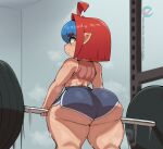  absurd_res barbell big_butt bodily_fluids bottomwear butt clothing crop_top deadlift exercise female gym_bottomwear gym_clothing gym_shorts hair hi_res huge_butt humanoid humanoid_pointy_ears neo_hajime not_furry pear-shaped_figure rear_view red_hair shirt short_stack shorts solo sweat thick_thighs topwear weightlifting wide_hips workout 
