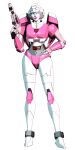  3d absurdres andypurro arcee autobot backpack bag blender_(medium) blue_eyes gun hand_on_own_hip handgun helmet highres insignia looking_at_viewer panties pink_panties red_lips robot science_fiction transformers transformers:_generation_1 underwear weapon 