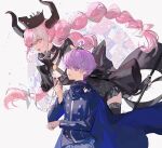 1boy 1girl ahoge binxngchng1 black_dress black_flower black_gloves black_horns black_sleeves black_thighhighs blue_cape blue_jacket braid breasts cape cleavage criss-cross_halter crown detached_sleeves dress fingerless_gloves flower frilled_dress frills gloves hair_flower hair_ornament hair_ribbon halterneck hand_on_own_chin hand_up highres holding horns jacket large_breasts long_hair long_sleeves master_detective_archives:_rain_code multicolored_hair open_mouth pink_eyes pink_hair purple_eyes purple_hair ribbon shinigami_(rain_code) short_hair smile thighhighs twin_braids two-tone_hair very_long_hair white_hair white_ribbon yuma_kokohead 