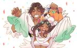  1boy 1girl armpits arms_up blurry blurry_background brother_and_sister brown_hair candy candy_hair_ornament closed_eyes commentary_request confetti crop_top dark-skinned_female dark-skinned_male dark_skin e8coofn0klibdx1 fire_emblem fire_emblem_engage fire_emblem_heroes fogado_(fire_emblem) food food-themed_hair_ornament hair_ornament halloween_bucket high_ponytail official_alternate_costume open_mouth siblings sleeves_past_fingers sleeves_past_wrists smile teeth timerra_(fire_emblem) timerra_(halloween)_(fire_emblem) upper_body white_background 