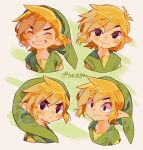  1boy artist_name blonde_hair blush closed_eyes green_headwear green_shirt grin hat highres link looking_at_viewer medium_hair multiple_views pointy_ears shirt simple_background smile surprised the_legend_of_zelda the_legend_of_zelda:_the_wind_waker tokuura toon_link 