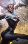  1girl absurdres black_bodysuit black_cat_(marvel) bodysuit breasts building cityscape cleavage dimas_jfg domino_mask felicia_hardy highres jewelry long_hair looking_at_viewer marvel mask medium_breasts necklace outdoors rain silk spider-man_(series) spider_web white_hair 