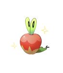  apple applin black_eyes commentary food fruit full_body green_pupils highres no_humans pokemon pokemon_(creature) simple_background solo sparkle surr_ealist white_background 