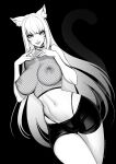  1girl animal_ear_fluff animal_ears artist_name black_background brassica breasts cat_ears cat_girl cat_tail commission cowboy_shot facial_mark fishnet_top fishnets greyscale highleg highleg_panties highres large_breasts long_hair monochrome navel nipples original panties shorts solo tail underwear 