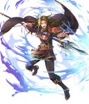  1boy arion_(fire_emblem) armor black_cape black_coat black_footwear black_pants cape coat fire_emblem fire_emblem:_genealogy_of_the_holy_war fire_emblem_heroes full_body green_hair gungnir_(fire_emblem) long_hair official_art open_mouth pants pauldrons red_cape shoulder_armor two-tone_cape 