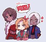  3others beebi_(wonder_lab) black_sclera blonde_hair blue_jacket bow brown_hair coat colored_sclera hair_bow heterochromia jacket joe_(wonder_lab) mismatched_sclera multiple_others necktie open_mouth pink_bow pink_coat project_moon red_coat red_necktie shasha_(wonder_lab) short_hair smile upper_body white_hair wonderlab yono_neie 