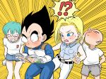  !? 2boys 2girls android_18 armor black_hair blank_eyes blue_shorts bulging_eyes bulma clenched_hands clenched_teeth commentary dragon_ball dragon_ball_z emphasis_lines english_commentary eye_pop grey_shorts hand_on_own_hip highres holding holding_magazine husband_and_wife kuririn letterboxed magazine_(object) multiple_boys multiple_girls muscular muscular_male open_mouth pants pink_mousse pornography reading shirt short_hair short_shorts shorts son_goku standing sweat t-shirt teeth trembling vegeta white_pants 