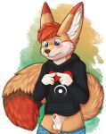  animal_genitalia animal_penis anthro blush bottomless bottomwear bottomwear_down canid canine clothed clothing dbleki fennec fluffy fluffy_tail fox genitals hi_res hoodie hoodie_only looking_down male mammal pants pants_down partially_clothed penis sheath shy simple_background solo standing tail topwear topwear_only 