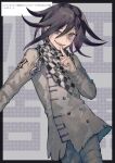  1boy black_hair border buttons chain character_name checkered_clothes checkered_scarf danganronpa_(series) danganronpa_v3:_killing_harmony hair_between_eyes highres index_finger_raised long_sleeves looking_at_viewer male_focus migato oma_kokichi open_mouth pants purple_eyes purple_hair scarf simple_background solo straitjacket 