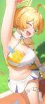  1girl :d ^_^ absurdres arm_up armpits bare_shoulders blonde_hair blue_archive breasts cheerleader cleavage closed_eyes commentary_request crop_top head_tilt highres kotori_(blue_archive) large_breasts midriff miniskirt navel open_mouth pom_pom_(cheerleading) reiji-rj short_hair skirt smile solo stomach thighs white_skirt 