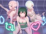  3girls adapted_costume arm_support barefoot bikini bikini_shorts blonde_hair breasts brown_bikini brown_shorts cleavage commentary dark_green_hair eyebrows_hidden_by_hair finger_to_mouth green_bikini grid_background growth170 hair_over_one_eye highres jewelry like_and_retweet looking_at_viewer love_live! love_live!_nijigasaki_high_school_idol_club medium_breasts mia_taylor mifune_shioriko multiple_girls necklace on_ground pink_hair purple_background purple_eyes r3birth_(love_live!) red_bikini red_eyes short_hair short_shorts shorts sitting smile swimsuit vroom_vroom_(love_live!) wariza zhong_lanzhu 