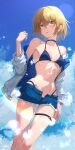  1girl bare_legs bikini bikini_under_clothes blonde_hair blue_bikini blue_collar blue_sky breasts buckle cleavage cloud collar collarbone commentary_request day groin hair_between_eyes highres kuthird346 looking_at_viewer navel open_clothes open_fly open_shorts original outdoors parted_lips partial_commentary short_hair short_shorts shorts sky small_breasts solo standing swimsuit thigh_gap thigh_strap underboob yellow_eyes 