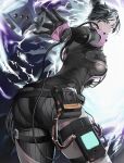  1girl apex_legends ass black_bodysuit black_gloves blue_eyes bodysuit breasts cable electricity from_behind gloves hair_behind_ear hair_bun highres knife kunai leaning_forward looking_back medium_breasts meriko official_alternate_costume quarantine_722_wraith single_hair_bun solo v-shaped_eyebrows weapon wraith_(apex_legends) 
