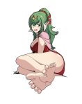  1girl artist_name ass barefoot blush breasts byzuko cape cleavage commentary crossed_bangs embarrassed english_commentary eyelashes fang feet fire_emblem fire_emblem_awakening foot_focus full_body green_eyes green_hair green_nails hair_between_eyes hair_ribbon headpiece highres large_breasts legs legs_together long_hair looking_at_viewer nail_polish open_mouth panties pink_cape pointy_ears ponytail red_panties red_ribbon ribbon sidelocks simple_background sitting soles solo spread_toes thighs tiki_(adult)_(fire_emblem) tiki_(fire_emblem) toenail_polish toenails toes underwear white_background 