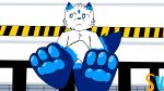  16:9 absurd_res anthro blizzard(speedyvibes) blue_body blue_fur canid canine canis caution_stripes disinterested feet floor foot_fetish foot_focus fur hi_res latex looking_away male mammal multi_tone_fur pawpads paws railings shaded simple_background simple_shading sitting solo solo_focus speedyvibes tile tile_floor watermark white_body white_fur widescreen wolf 