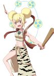  1girl :d bikini blonde_hair brown_bikini brown_eyes chest_jewel double_bun drum drumsticks electra_(xenoblade) hair_bun holding holding_drumsticks horns instrument kageyasu looking_at_viewer midriff navel open_mouth pointy_ears simple_background smile solo stomach swimsuit white_background xenoblade_chronicles_(series) xenoblade_chronicles_2 