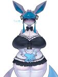  &lt;3 absurd_res anthro biped blue_body blue_sclera bodily_fluids breasts clothed clothing eeveelution female front_view generation_4_pokemon glaceon hi_res japanese_text maid_uniform nintendo pokemon pokemon_(species) simple_background solo sweat text tokonuri uniform white_background white_eyes 